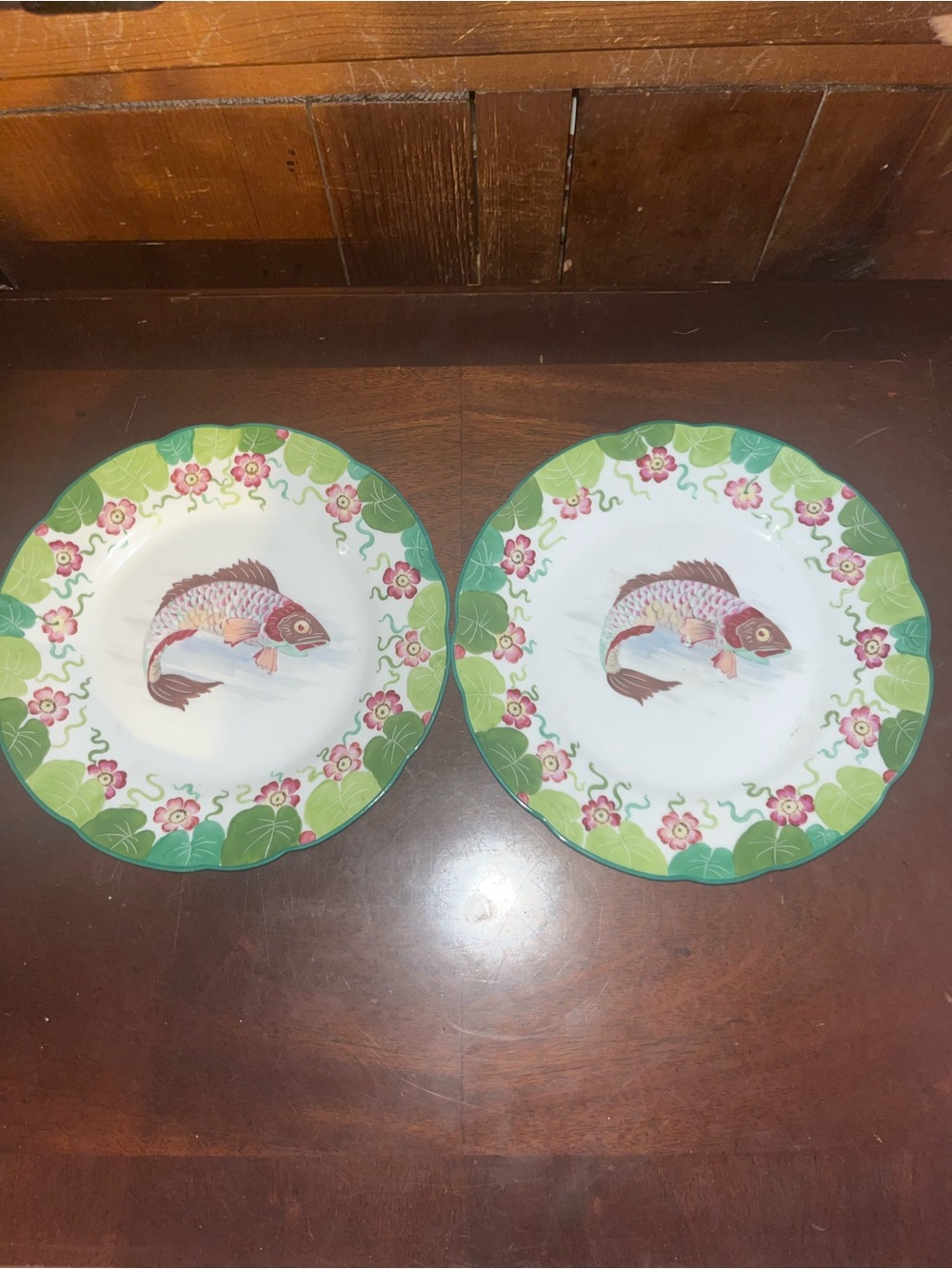 Vintage Capodimonte Style Porcelain Plates – Pair with Fish, “N” Crown 9.75”